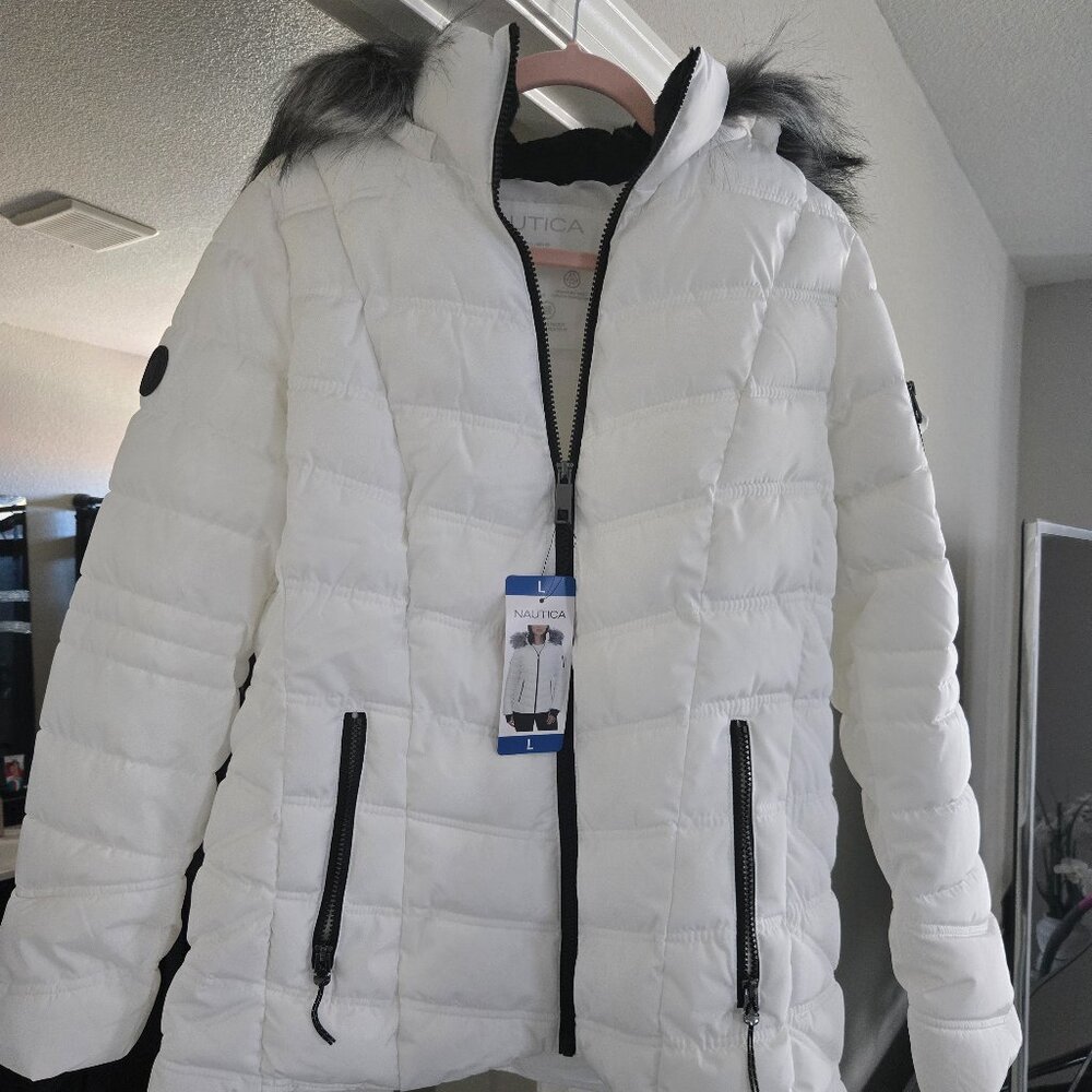 Nautica Women's Faux-Fur-Trim Hooded Puffer Coat - Size Large